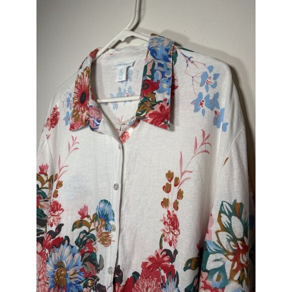 CYNTHIA ROWLEY Long Sleeve Button-Up Floral Linen Top Balloon Sleeve Cottage 2XL - Picture 2 of 6
